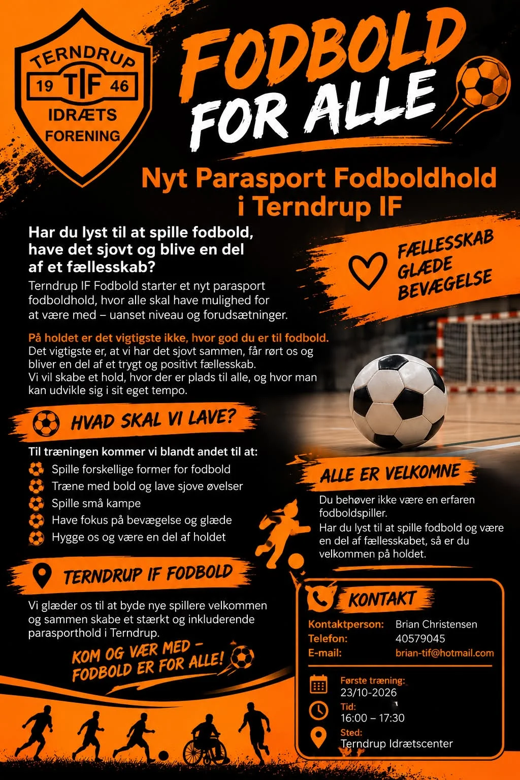 Plakat for Terndrup IF's nye parasport-fodboldhold med kontaktoplysninger og første træning 23. oktober kl. 16–17.30 i Terndrup Idrætscenter